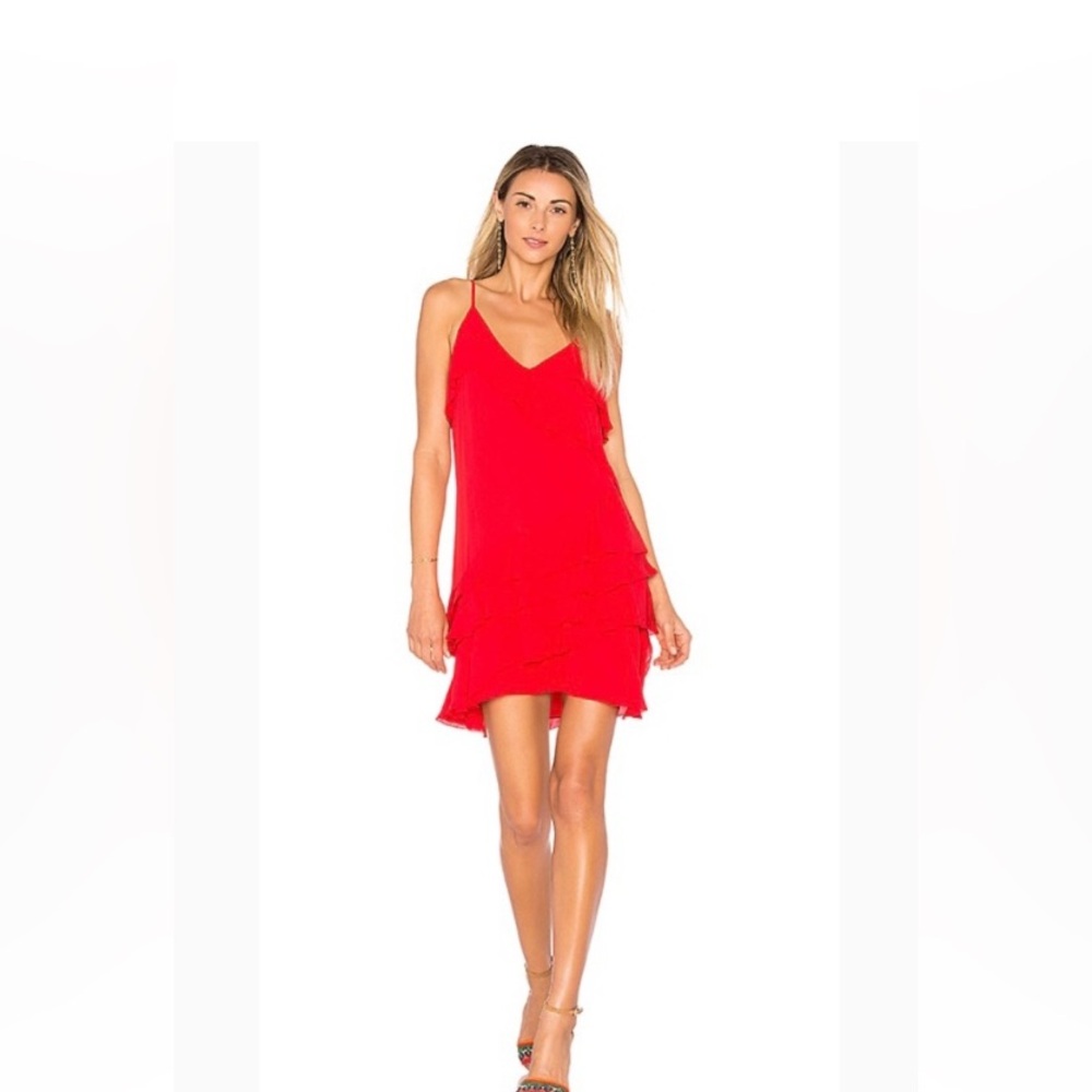 PARKER  💃 | J’ADIOR red Silk Asymmetrical Flutter Tier Hem Mini Dress | NWT | M